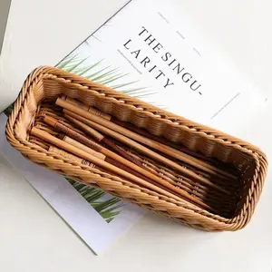 Kitchen Supplies Plastic Imitation Rattan Storage Basket Rectangle Durable Faux Wicker Tray Universal Bread Food Plate Home
