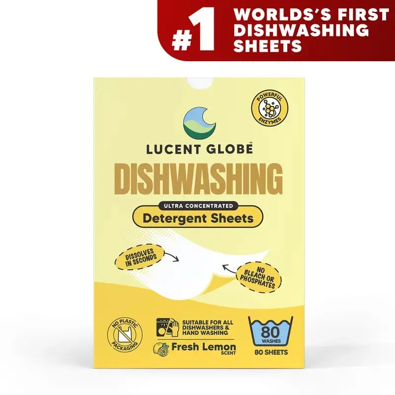 Lucent Globe Dishwasher Sheets | Replaces Dishwasher Pods & Liquid | Zero Plastic Packaging | No Nasties Formula | Septic Safe | Strong Clean | Fresh Lemon Scent | Eco Friendly Dish Soap