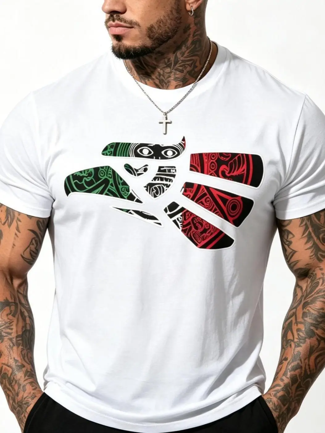 Latino Heritage Cotton T-shirt Featuring Green White Red Mexico Eagle Tribal Art Design with Mexico Flag Tattoo Eagle Theme for Men