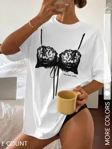 Women's Y2K Lace Bra Graphic Asymmetrical Regular Fit T Shirt, 2026 Trendy Short Sleeve Top for Vacation Homewear