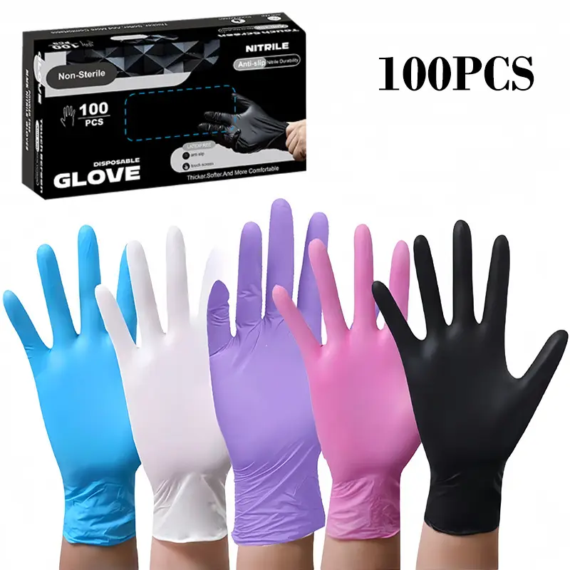 100pcs Disposable Pure Nitrile Gloves - Heavy Duty, Durable & Waterproof, Premium Quality For Kitchen, Tattoo Artists, Household Cleaning, Car Care - Cleaning Gloves | Textured | Durable, Black White Blue Pink Purple Nitrile Disposable Gloves