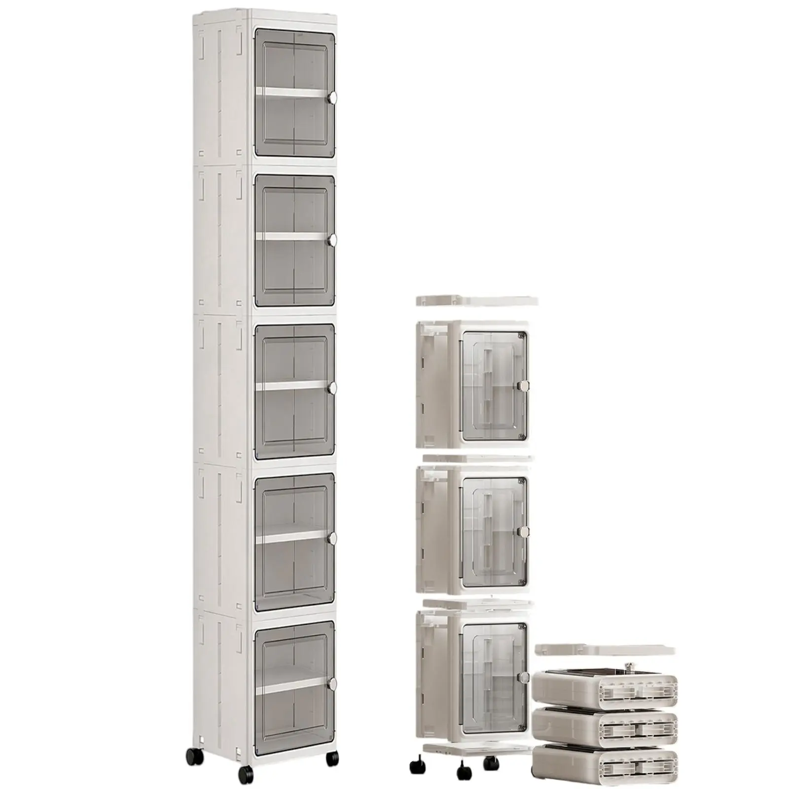 White Plastic 5-Tier Collapsible Storage Organizer With Wheels And Lids, Stackable Storage Bins For Dorm, Living Room & Household Room Organization