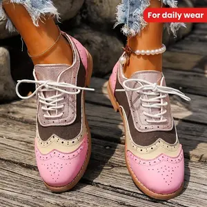 Women'sColorBlockOxfordFlats,ElegantBrogueComfortShoes,VersatileLace-upShoes,SuitableforDailyWearGirlBrownPinkFootwear