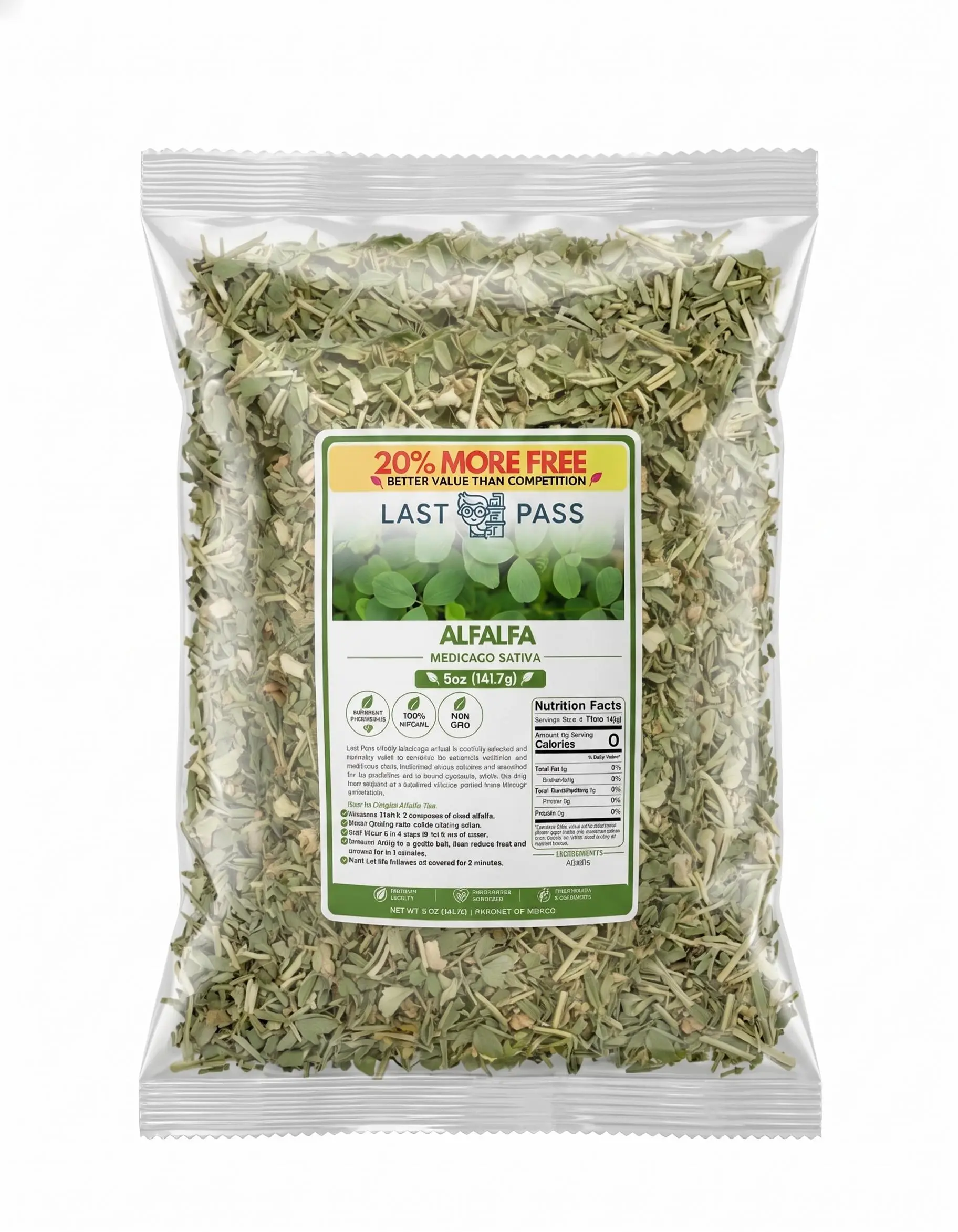 LastPass Premium Loose Leaf Alfalfa Herbal Tea - 5oz Natural Sugar-Free Wellness Tea, Preservative-Free Dried Leaves Infusion Drink, Natural Tea