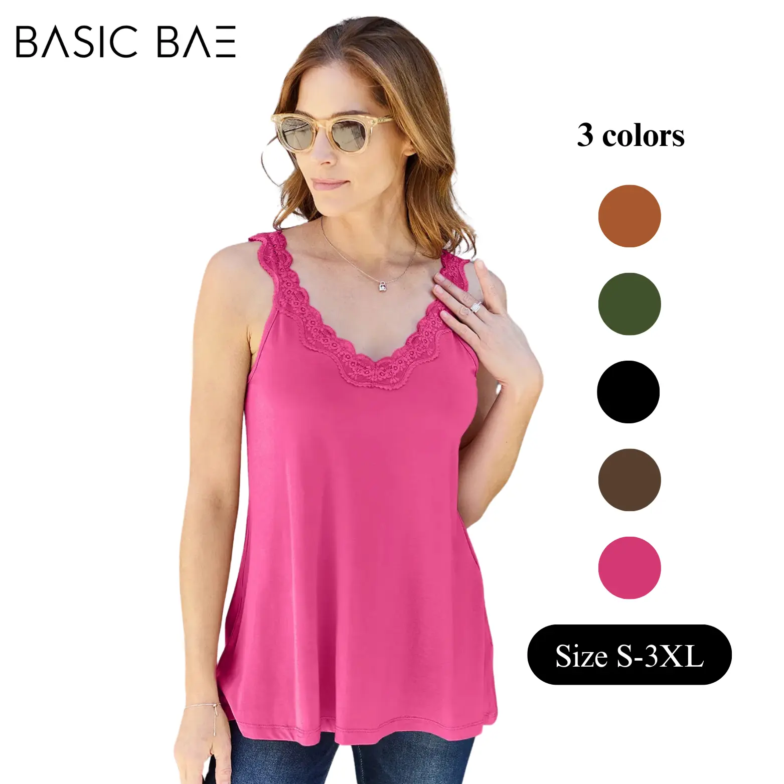 Basic Bae Full Size Lace Detail V-Neck Cutout Cami Womenswear Stretchy Style Tops Women Lady Comfort Polyester Tube Underwear Minimalist Sleeveless Vneck