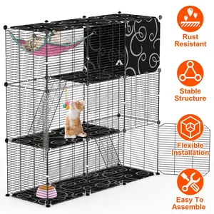3-Tier Cat Cage Enclosure Indoor Cat Cage Playpen With Hammock Toy Ball Ladder DIY Iron Wire Cat House Kennels Crate For 1-2 Cats Ferret Rabbit Small Animals