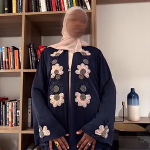 Navy Blue Abaya with Floral Embroidery and Long Sleeves for Women