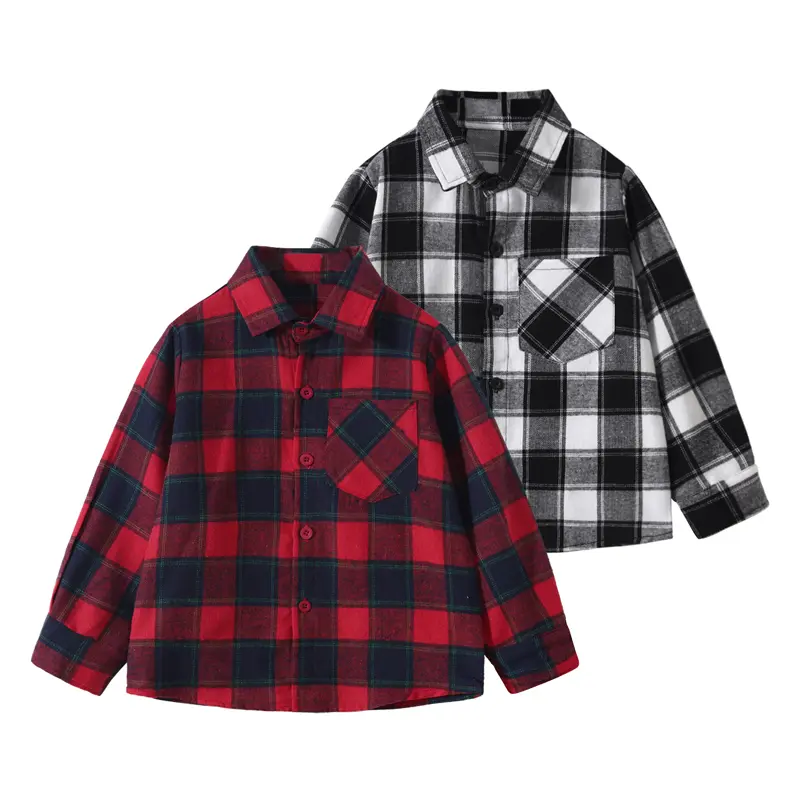 2-piece set, boys' autumn and winter checkered shirt pocket design, long sleeved fashionable boys' shirt checkered top