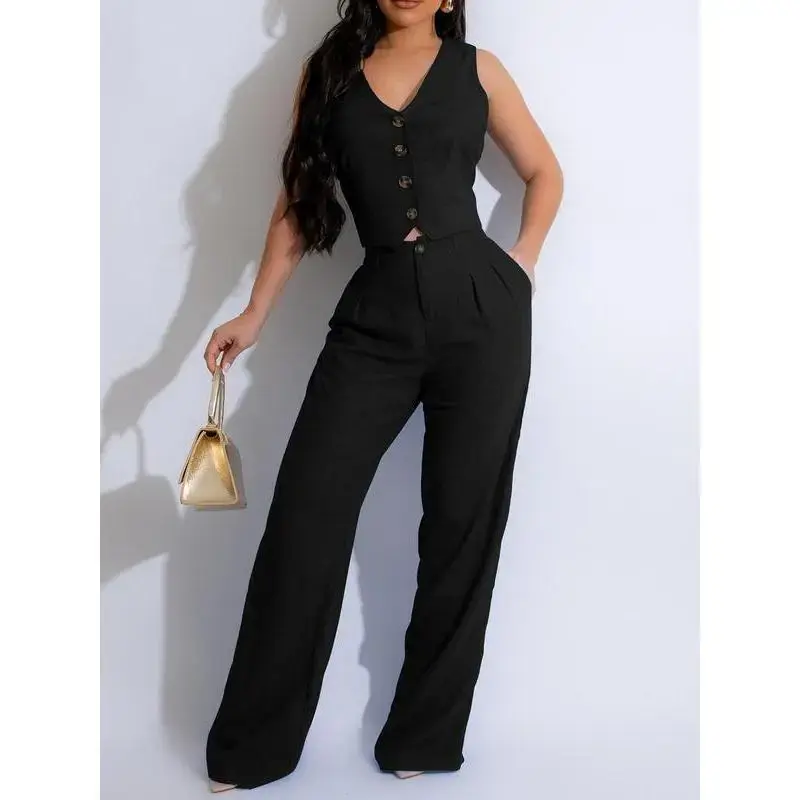 Women's Button Front V Neck Crop Tank Top & Plicated Pants Two Piece Set, Mufti Clothes, Fall?Outfits, Asymmetrical Tie Back Top & Pocket Trousers, Fall?Sets, Fall?Outfits Clothes Set for Work