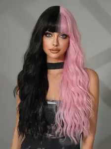 28 Inch Long Wavy and Two-Tone Wig with Bangs, Wavy Ombre Wig, Gorgeous Fluffy Synthetic Hair Wig for Parties and Halloween Cosplay, Stylish Photo Prop Accessory, Fashion Fluffy Wigs