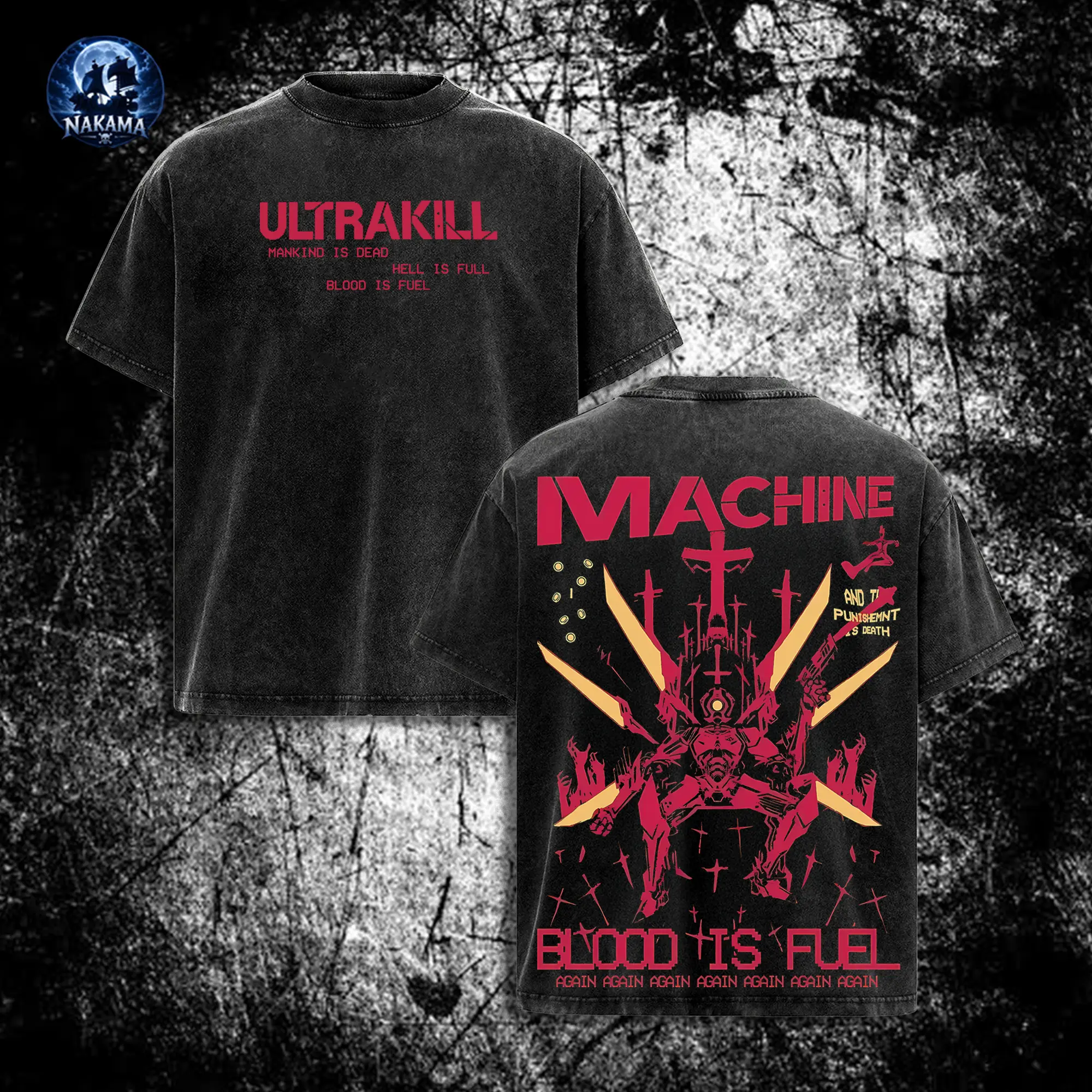Unisex Ultrakill Gabriel Round Neck Cotton T-Shirt, Retro Washed Black Distressed Short-Sleeve Loose-Fit Clothes, Red "MACHINE" & "BLOOD IS FUEL" Logos, Casual Streetwear for Sports & Festive Use