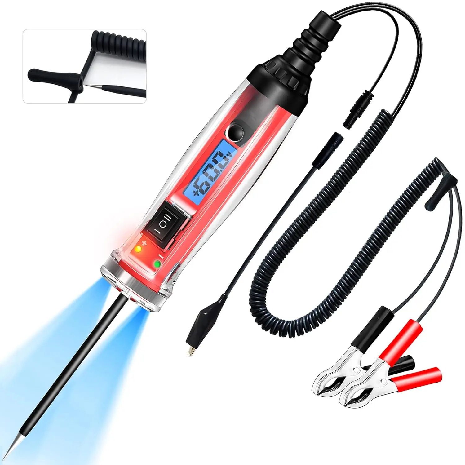 Multifunctional LCD Digital Automotive Power Circuit Probe Tester - 5-36VDC Range, 2 Working Modes, Anti-Lost Probe Cover, 196.85 Inches Extended High-Quality Spring Wire, Illumination, Clamps, Buzzer, Dark Area Display for Electrical System Testing, Digi
