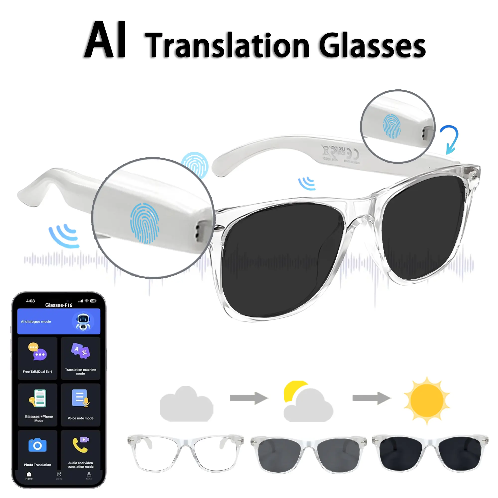 Rechargeable Smart Wireless Glasses with Microphone and Open Audio, Ideal for Running, Cycling, Calling, Daily Touch Control, Translation