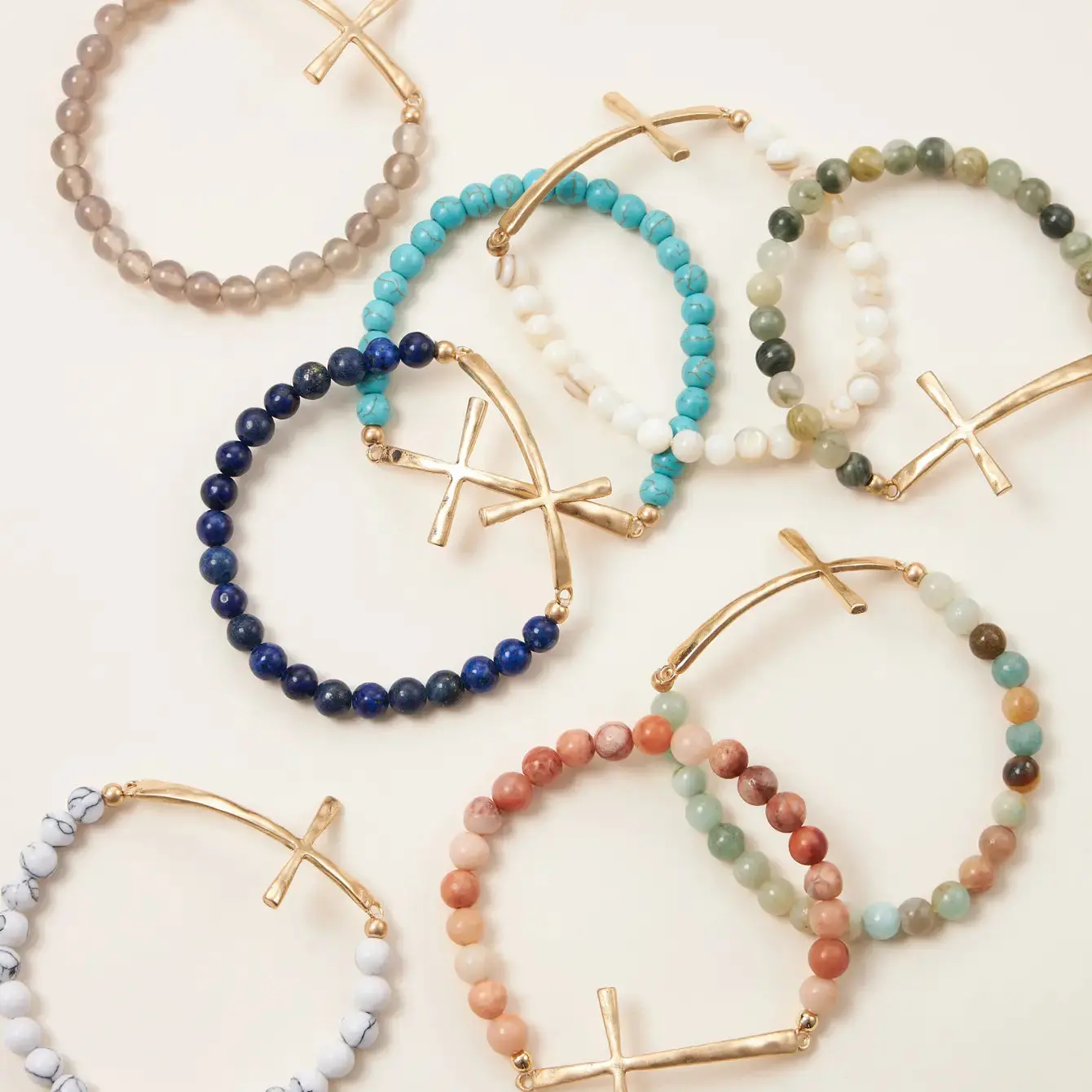 Natural Stone Beaded Cross Bracelet - Simple Design Fashion Bracelet, Ideal for Everyday Wear, Trendy Faith-Inspired Costume Jewelry Stack Bangle, Beaded Bracelets