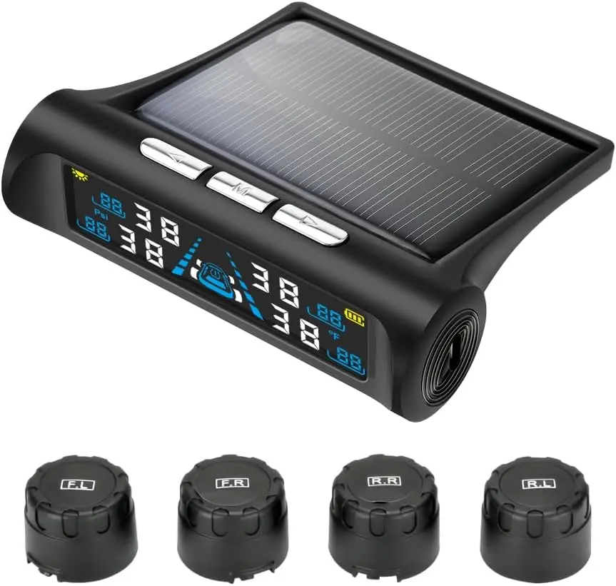 Tire Pressure Monitoring System - TPMS Tire Pressure Monitor System with Solar Charger, TPMS with 4 External Sensors & 6 Alarm Modes, LCD Real-Time Display, Auto Sleep Mode, Easy to Install(Dynamic) VENCEZA
