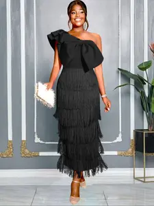 Plus Size One Shoulder Formal Evening Dress with Large Bow and Fringe Detail, Slim Fit Fashionable Party Gown for Women, Evening Party Dresses
