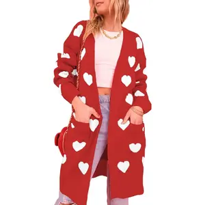 Womens Long Cardigan Love Heart Open Front Sweater Long Sleeve Chunky Knit Cardigan