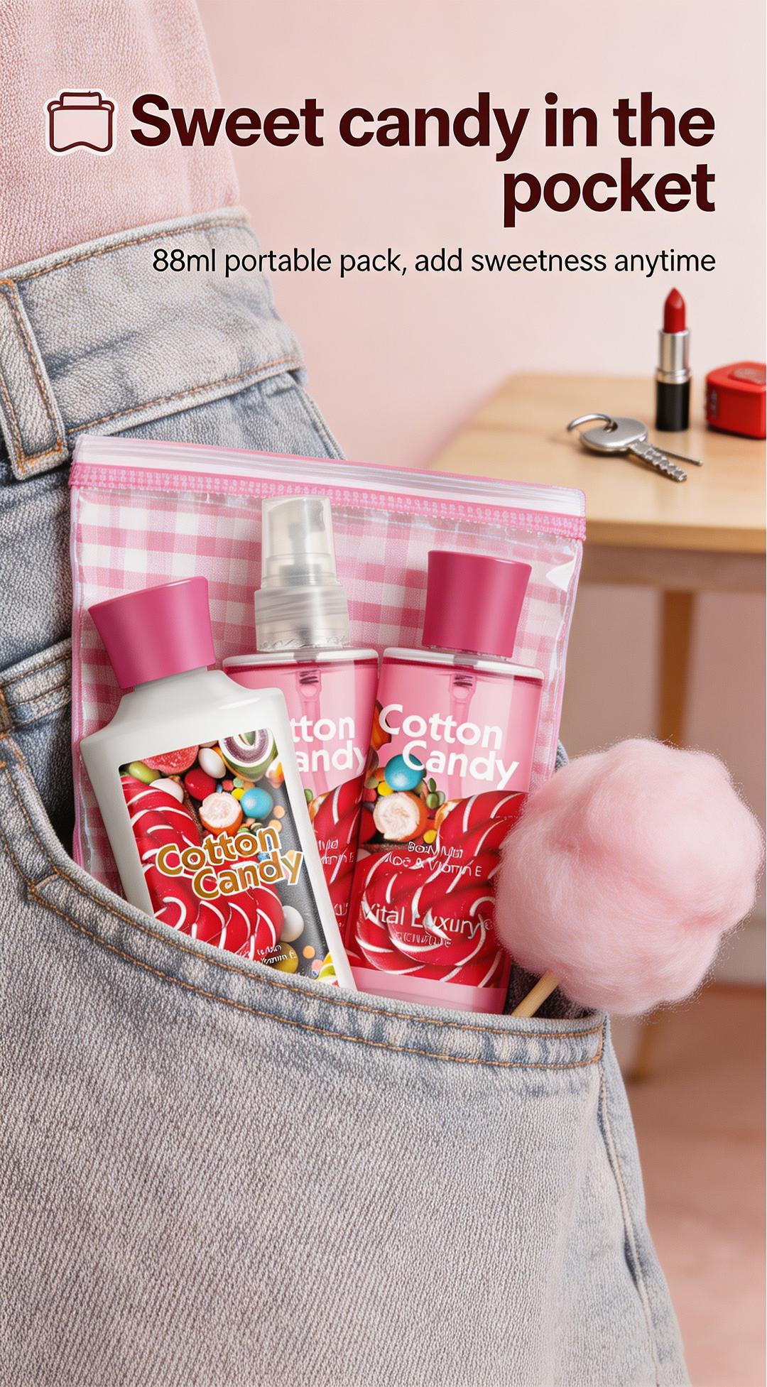 Mother's Day Gift-Vital Luxury Cotton Candy Scented Bath-3 Travel Set - 3oz Shower Gel,3oz Body Lotion, 3oz Body Mist & 2.5oz Bath Salts | SilkyLather, All-Day Freshness, Intense Moisture | Ideal Gift forMom, Wife, Sister & Girlfriend