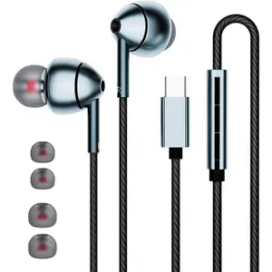 USB-C Wired Earbuds with Microphone, Volume Control, Noise Canceling, Compatible with  Galaxy S24 S23 S22,  15, Pixel Phones (Black)