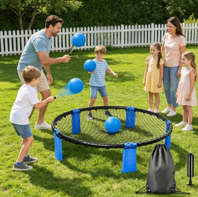Roundnet Game Set with 2 Soft Bounce Balls, 36 Inch Portable Outdoor Lawn Net Game with Ball Pump and Drawstring Carrying Bag, Backyard Beach Yard Game for Kids Teens Adults
