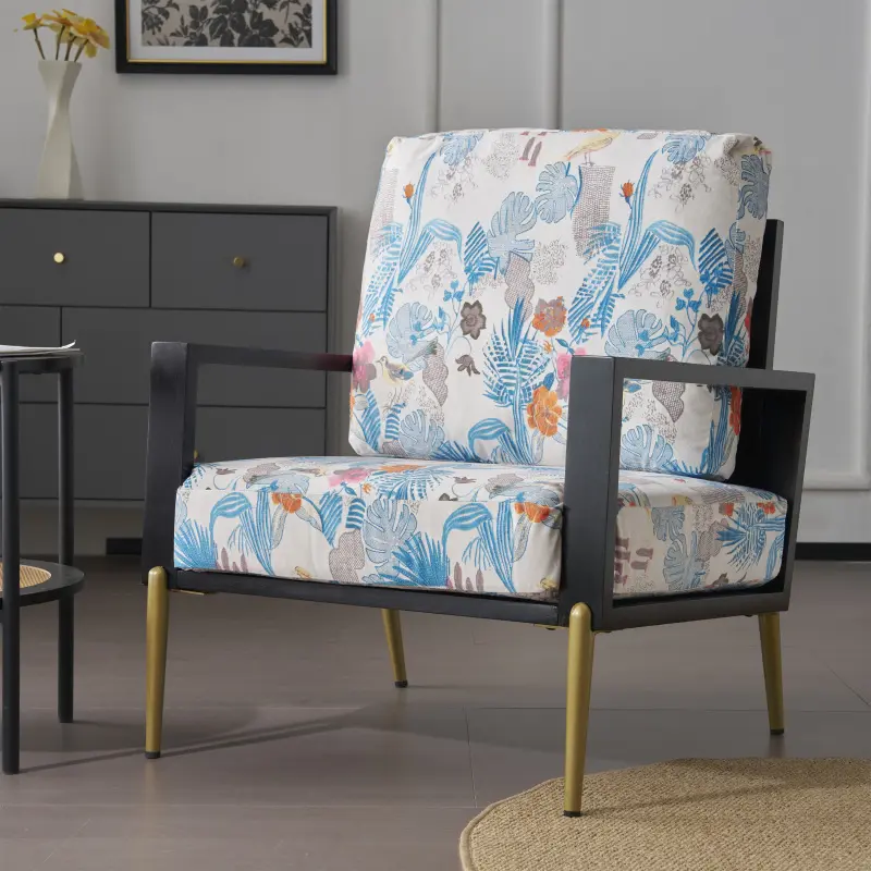 Living Room Chair Retro Low Back Floral Print Velvet Accent Armchair with Gold Metal Legs & Rubberwood Frame, Wide Armrest Mid-Century Lounge Chair with Pillow Back, Sofa Chair for Living Room & Balcony, Blue Floral