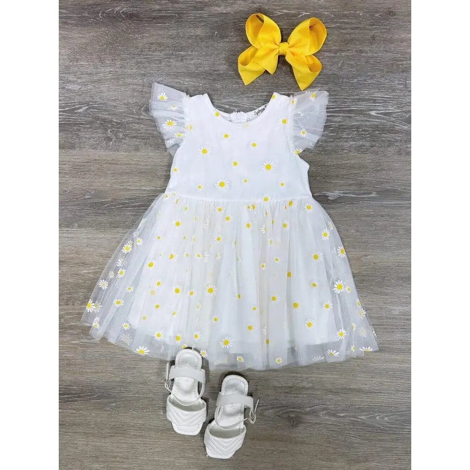 White Daisy Tulle Chiffon Girls or Toddler Special Occasion Spring Summer Easter Floral Tutu Dress