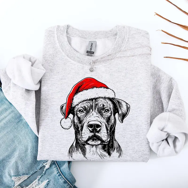 Pitbull Santa Christmas Dog Lover Seasonal Cheer Festive Pet Lover Gear Sweatshirt, Crew Neck, Women's, Crewneck