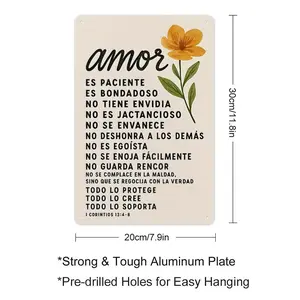 Minimalist Aluminium Spanish Bible Verse Metal Sign, Amor Es Paciente 1 Corintios 13:4-8, Floral Inspirational Wall Art, 12x8 in Decor for Spanish-Speaking Homes, Religious Gift
