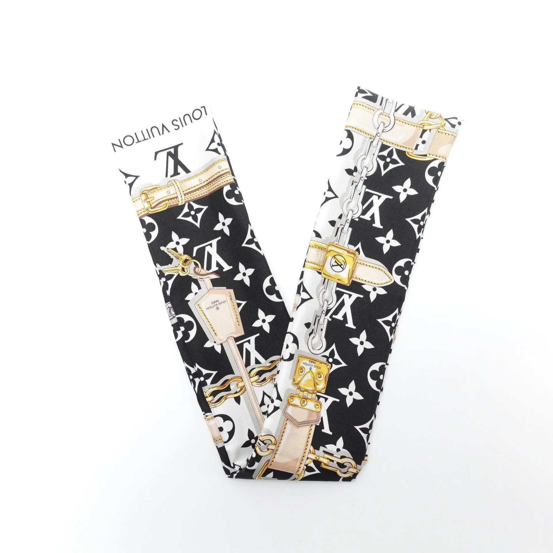 Pre-owned Louis Vuitton Black and White Monogram Chain Print Silk Bandeau Scarf T10463112