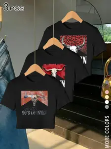 3 PCS 90's Country Bull Skull Graphic Crop Tops for Women, Vintage Western Leopard Print T-Shirts, "Raised On 90's Country" Casual Short Sleeve Crewneck Tees,Perfect for Music Festivals, Rodeos, Daily Wear, Gift for Wallen Fans, Country Girls, Gen Z