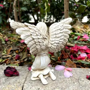 1 piece, rustic resin statue of an angel kneeling with wings, indoor/outdoor garden home decoration sculpture, tranquil courtyard decorative piece