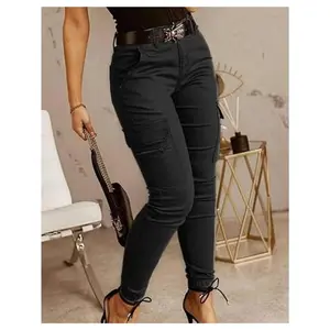 Women's Mid Waist Skinny Jogger Cargo Pants - Slim Fit Motorcycle Western Style with Flap Pockets, Medium-Stretch Machine-Washable All-Season Casual Jeans, Ladies Jogging Pants, Casual Attire, Contemporary Fashion, Decorative Belt Loops Bottoms Solid