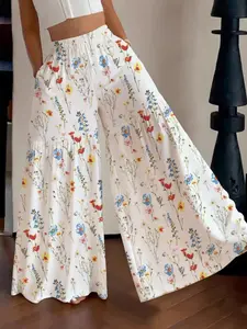 2026 Spring Summer New Women's Boho Floral Print Wide-Leg Pants, High-Waisted Loose Thin Casual Wide-Leg Pants flowing Elastic Waist Flowy Wide Leg for Beach Travel Shopping and Daily wear