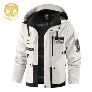 LEDUNTINO Men's Spring-Autumn Lightweight Waterproof Jacket, Featuring Multiple Pocket Letter Embroidery, 3D Detachable Brim, And Waterproof Windproof Outdoor Coat
