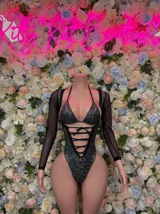 Bottlegirl Outfit Black Metallic Bodysuit - One Piece Bartender Outfit, EDM Dancewear, Party Clubwear