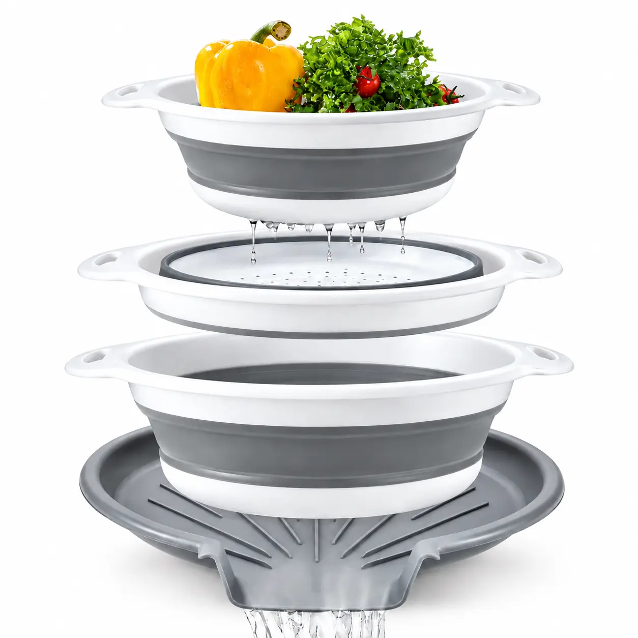 4 Pack Set Collapsible Colanders Food Strainers with Over-Sink Water Draining Base for Pasta Fruits and Vegetables