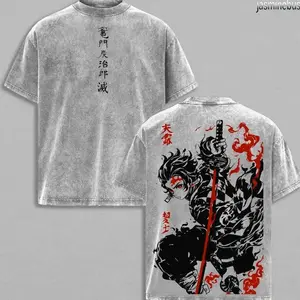 Unisex Demon Slayer Tanjiro Kamado Classic Soft T-Shirt, Vintage Washed Oversized Heavy Cotton Round Neck Short-Sleeve Seamless Anime Graphic Tshirt, Retro Streetwear Clothing Merch Gift for Otaku Fans 8EB