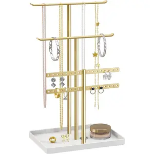 Elegant Gold Jewelry Stand Organizer - 14.5" Sturdy Tower for 80+ Pieces, Perfect Gift for Women - Ideal Necklace, Earring, and Bracelet Holder pickpiff
