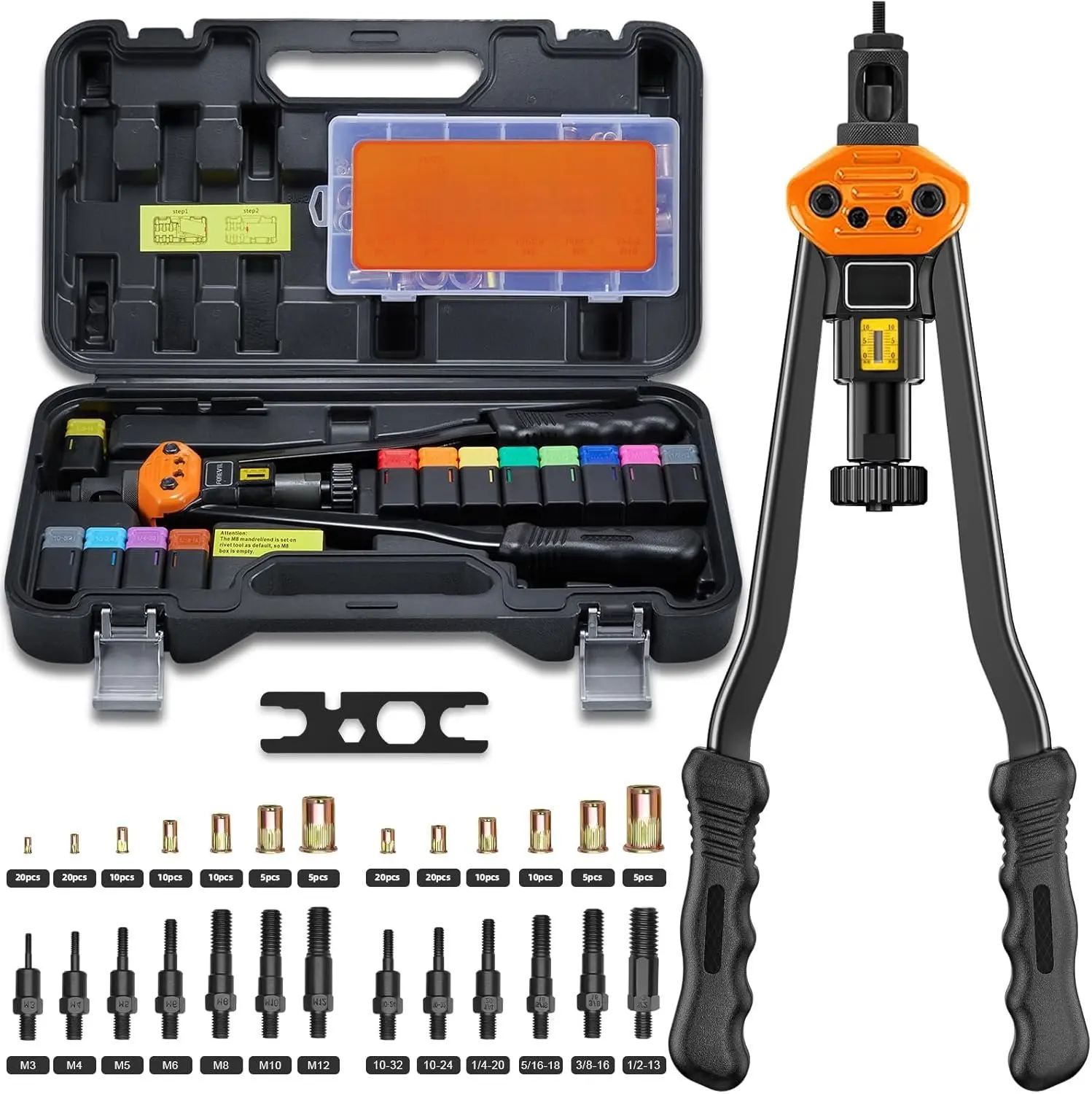 Rivet Nut Tool Kit, 16-Inch Rivnut Tool Kit with 13 Metric and SAE Mandrels, Manual Nutsert Tool with 150 count Rivnuts Assortment Kit for DIY, Auto & Metal Repairs