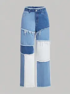 Sweet Cool Spicy Girl Colorblock Wide Leg Jeans, Frayed Hem Patchwork Detail Slim Straight Pants, Stylish Denim Trousers for Women Aesthetic