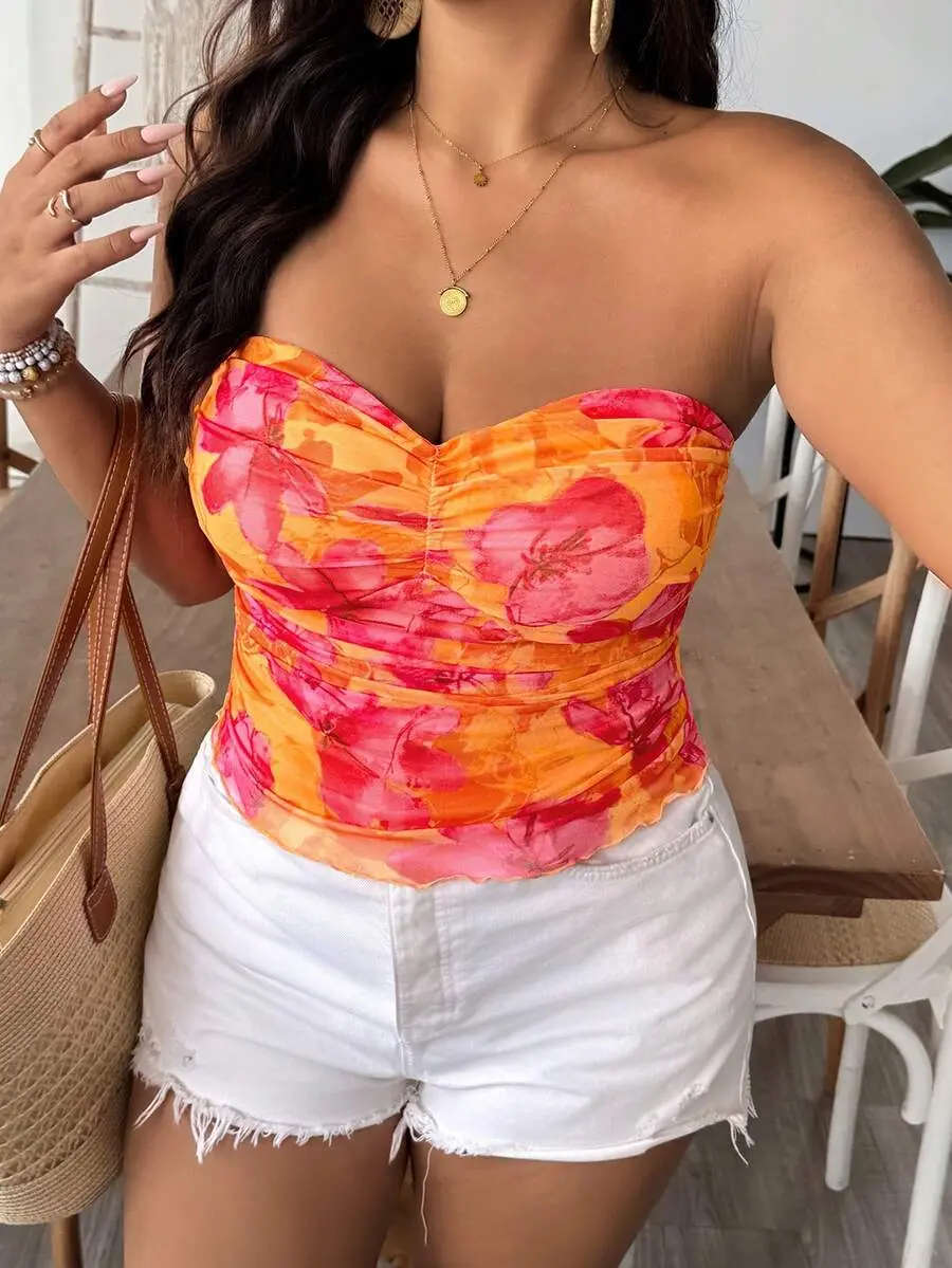 XLAIS Plus Size Orange Knitted Mesh Printed Tight Fitting Tube Top For Women, Boho Sexy Chic Summer Vacation Holiday, Elegant Bohemia Beach, Old Money