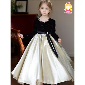 Girls' Elegant Black Sequin Princess Dress with Golden Tulle Skirt - Long Sleeve, Round Neck, Flared Hem, Perfect Weddings, Birthdays, Halloween, Christmas, and Occasions, Princess Dresses Girls, Guest Attire, Craftsm