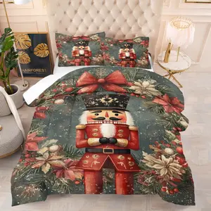 Christmas Nutcracker Pattern Bedding Set, Includes Quilt Cover & Pillowcases, Soft Decorative Items for Kids' & Adult Bedrooms