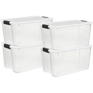 Sterilite 4-Pack Ultra Latching Box, Large Storage Bins w/ Lids, Clear Plastic, 70 Quart Organiser Transparent