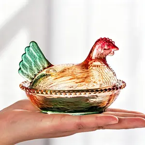 Crystal Glass Rooster Candy Storage Jar with Colorful Feathers Detailed Design, Home Decor Ornament & Organizer Canister for Living Room, Bedroom Bottles Tin