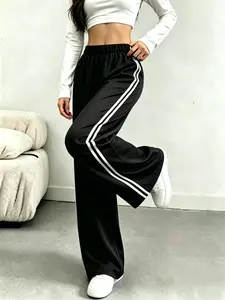 Women’s quick-dry lightweight straight-leg pants, mid-rise with a drapey feel, double white stripe athletic sweatpants; versatile casual long pants for everyday wear, American retro hot-girl style; suitable for fitness, daily commuting, and casual wear.
