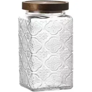 ANSQU 1000ml Glass Jar, Vintage Glass Storage Jar, 33.8 FL OZ Glass Canister Storage Jar Container with Airtight Wooden Lid for Kitchen Counter, Pantry, Coffee, Tea, Sugar, Cookie Jars Begonia Jar Sunflower Jar Lightweight Tin Utensils Square