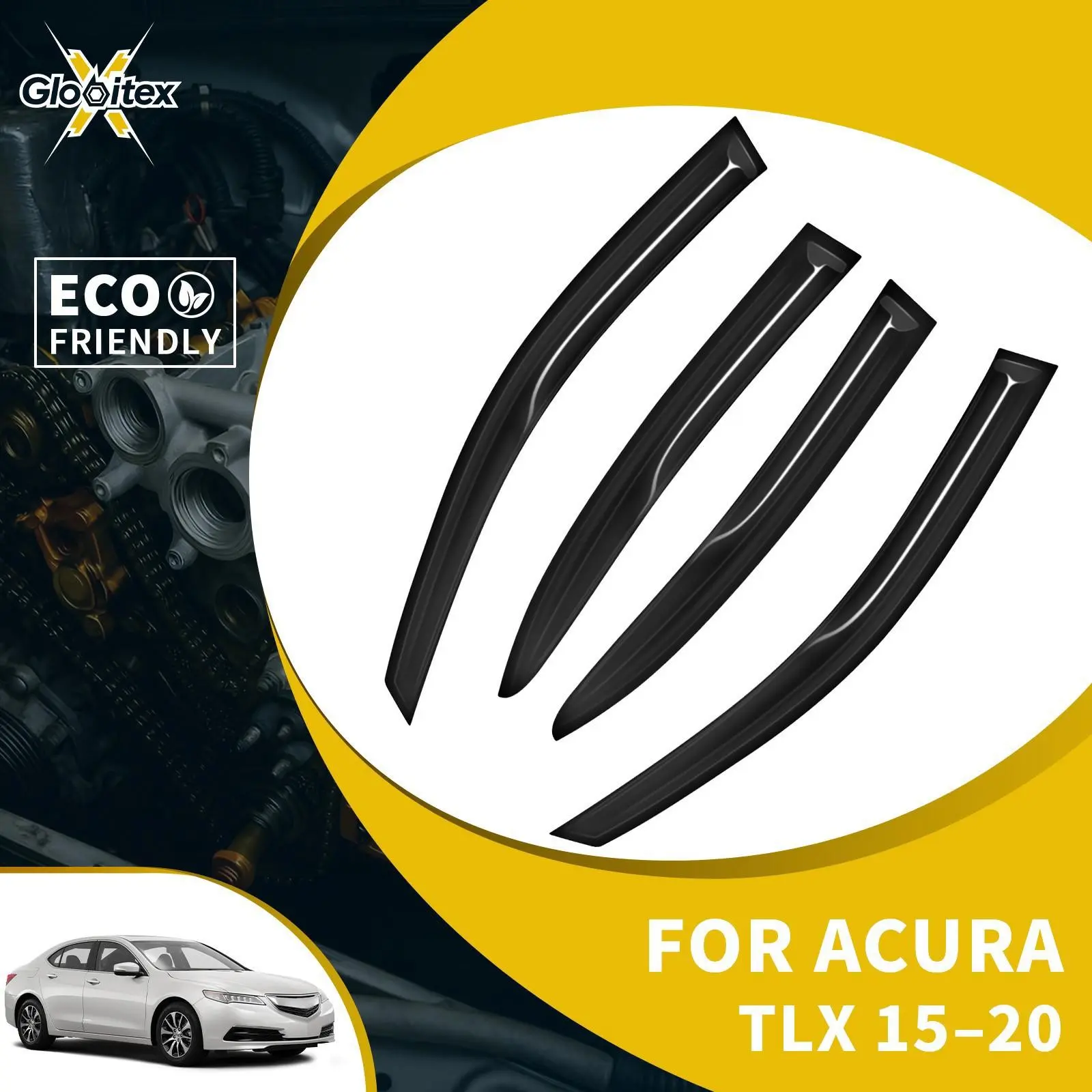 Tape-On Outside Window Visors, Sun Rain Guards, Vent Wind Deflectors for Acura TLX 4-Door 2015-2020, JDM Mugen Style Mount, 4PCS