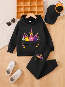 Girls' Fall & Winter Fleece Lined 2-Piece Fashion Clothes Set, Long Sleeve Hoodie Sweatshirt, Cute Unicorn Print, Loose Fit, Perfect Gift Idea
