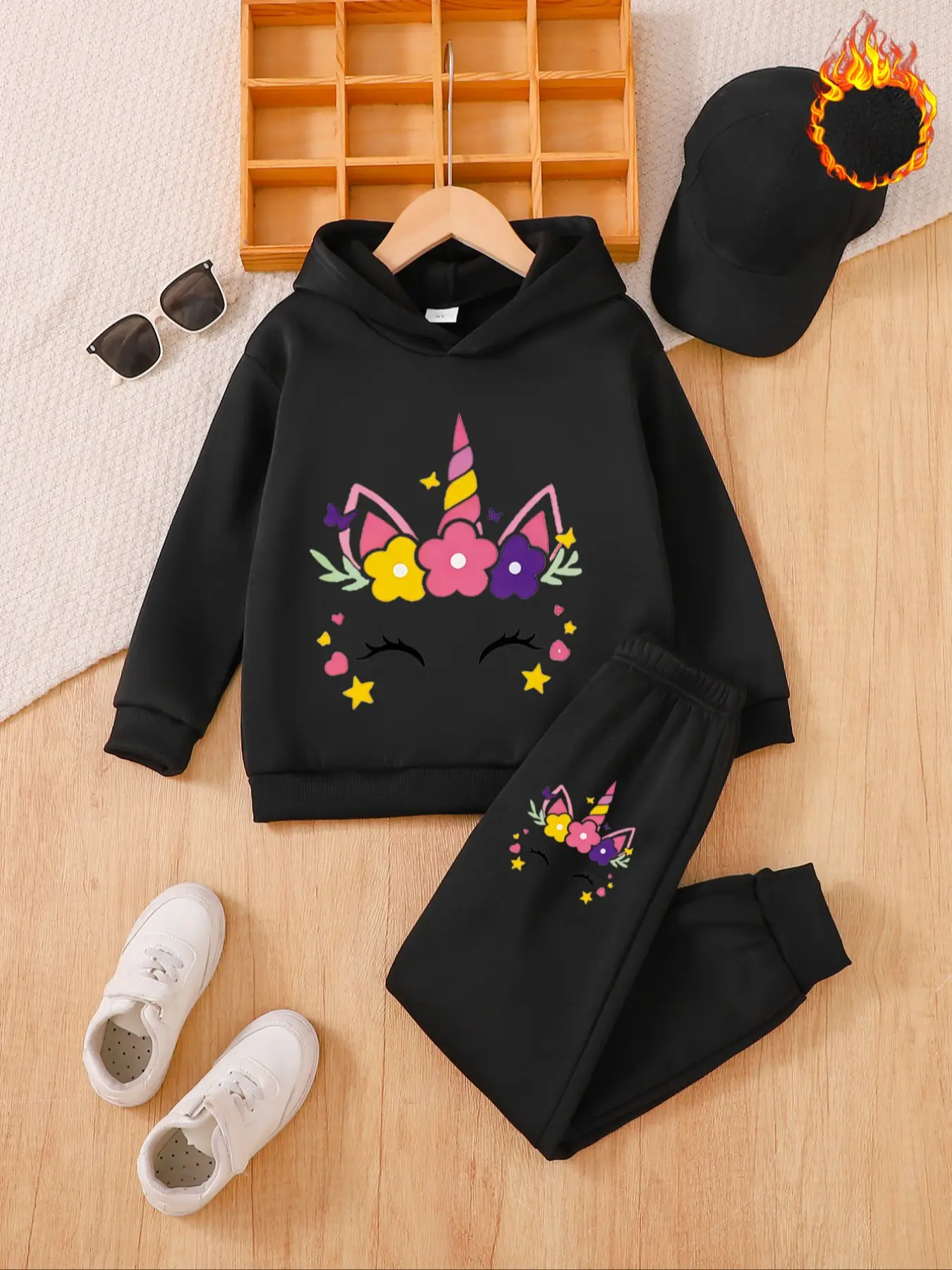 Girls' Fall & Winter Fleece Lined 2-Piece Fashion Clothes Set, Long Sleeve Hoodie Sweatshirt, Cute Unicorn Print, Loose Fit, Perfect Gift Idea